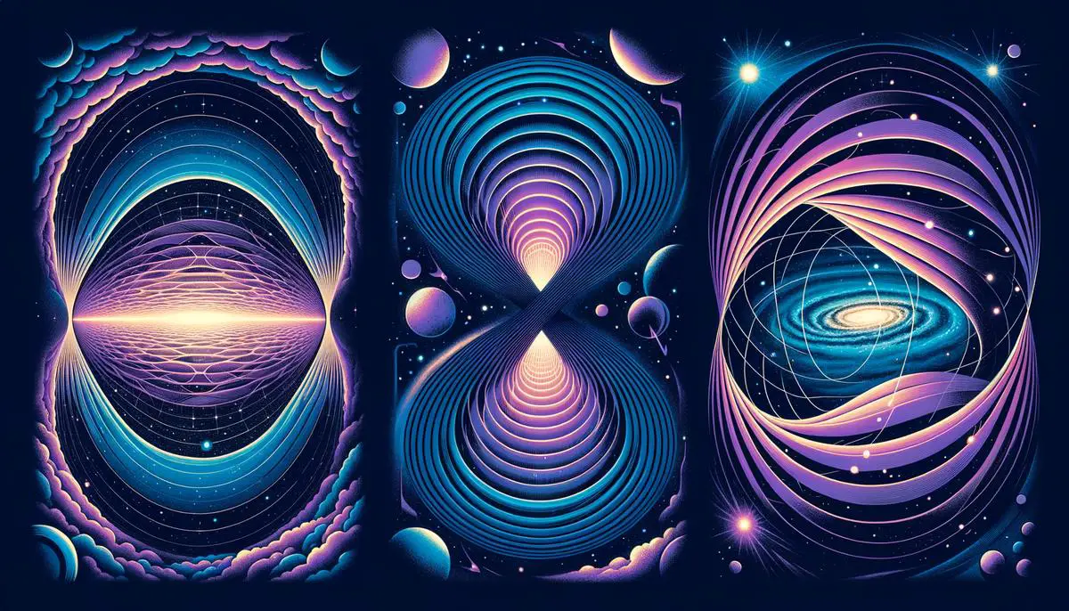 Three side-by-side illustrations showing the closed, flat, and open universe shape possibilities, with representations of how light travels in each