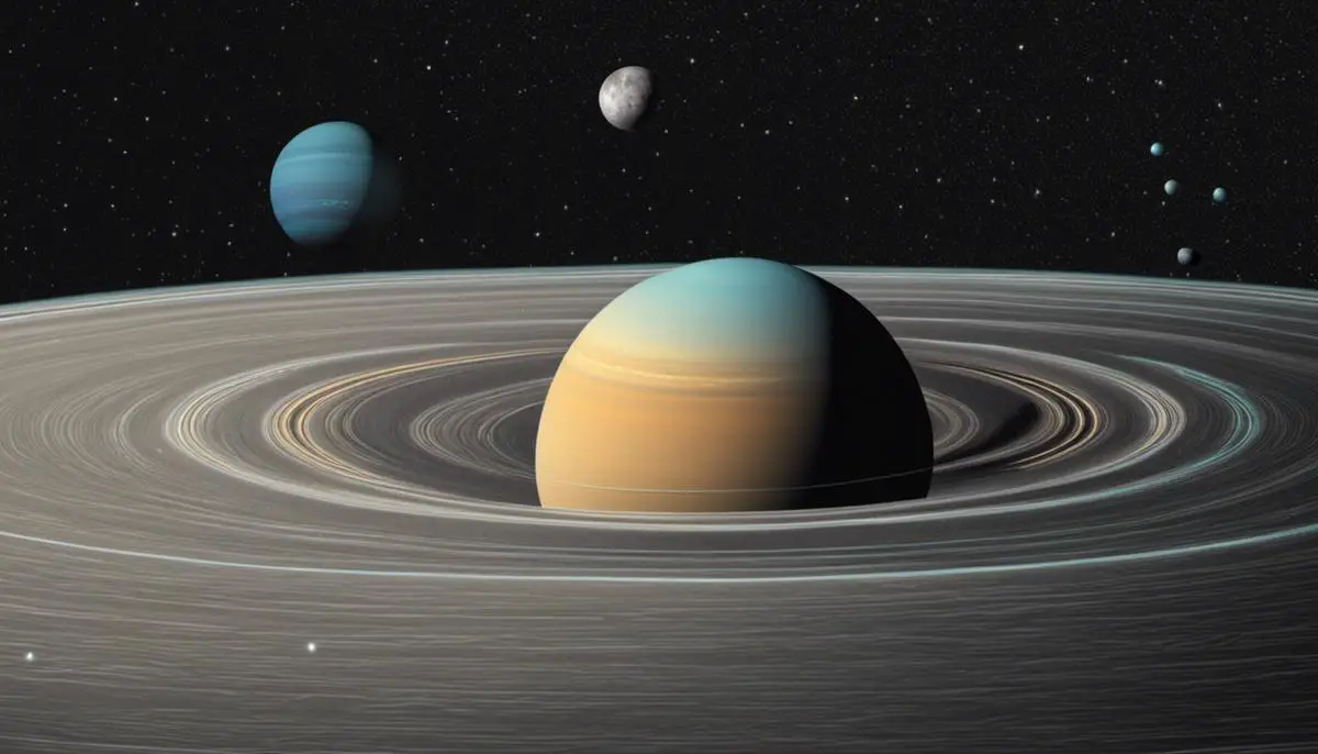 Illustration of Uranus's moons and ring system, displaying their unique features and composition.