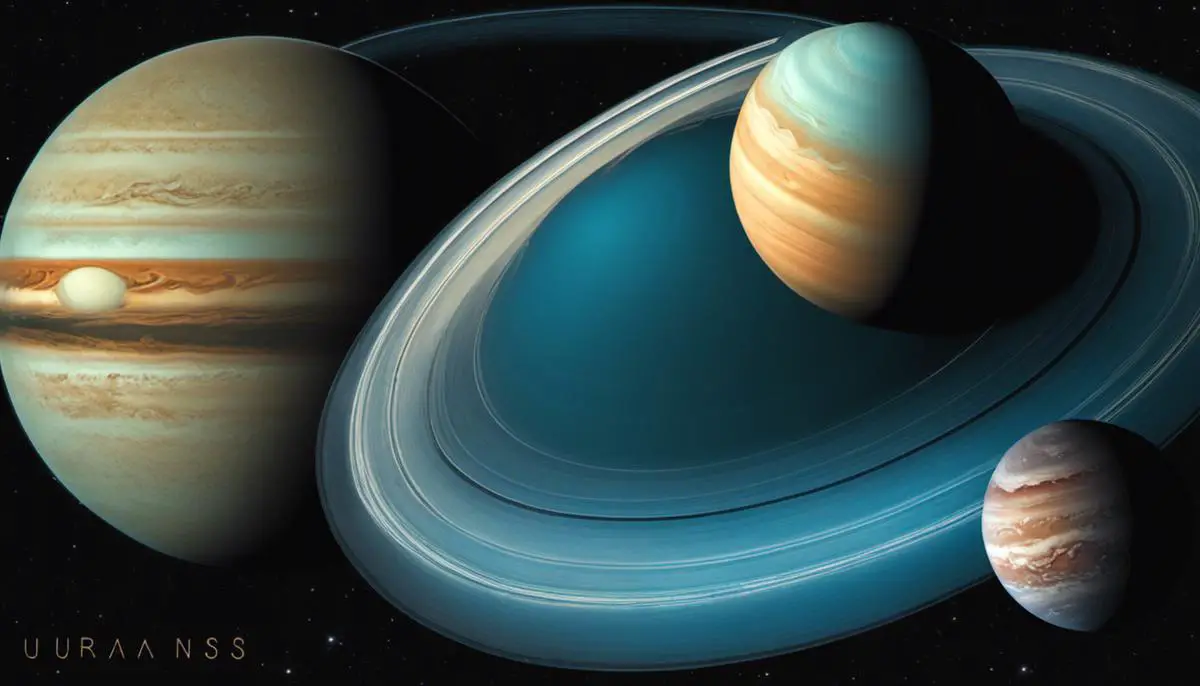 Image illustrating the size of Uranus, emphasizing its larger scale compared to Earth and its smaller scale compared to gas giants like Jupiter and Saturn.