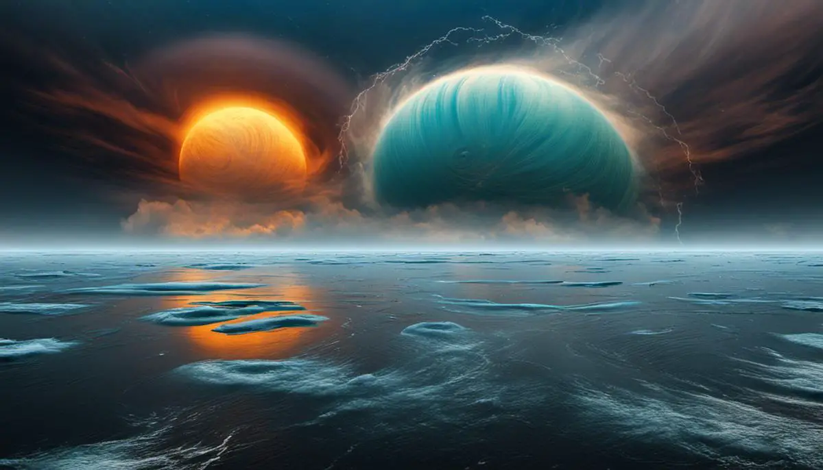 Image illustrating the weather phenomena on Uranus, showcasing vibrant storms and distinctive cloud tracks.