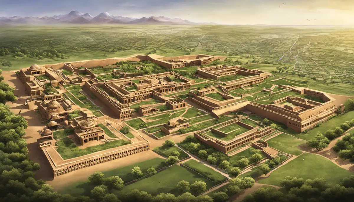 Illustration of the urban planning and architecture of the Indus Valley Civilization, showcasing standardization and orderliness in their city designs and infrastructure development.
