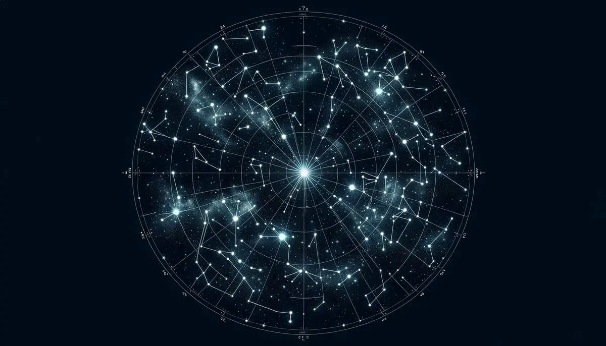 Illustration showing Ursa Major (Big Dipper), Cassiopeia, and Polaris in the night sky