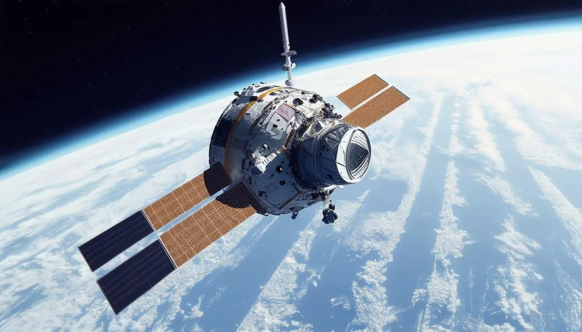 A conceptual illustration of the U.S. Deorbit Vehicle approaching the International Space Station for the deorbit mission