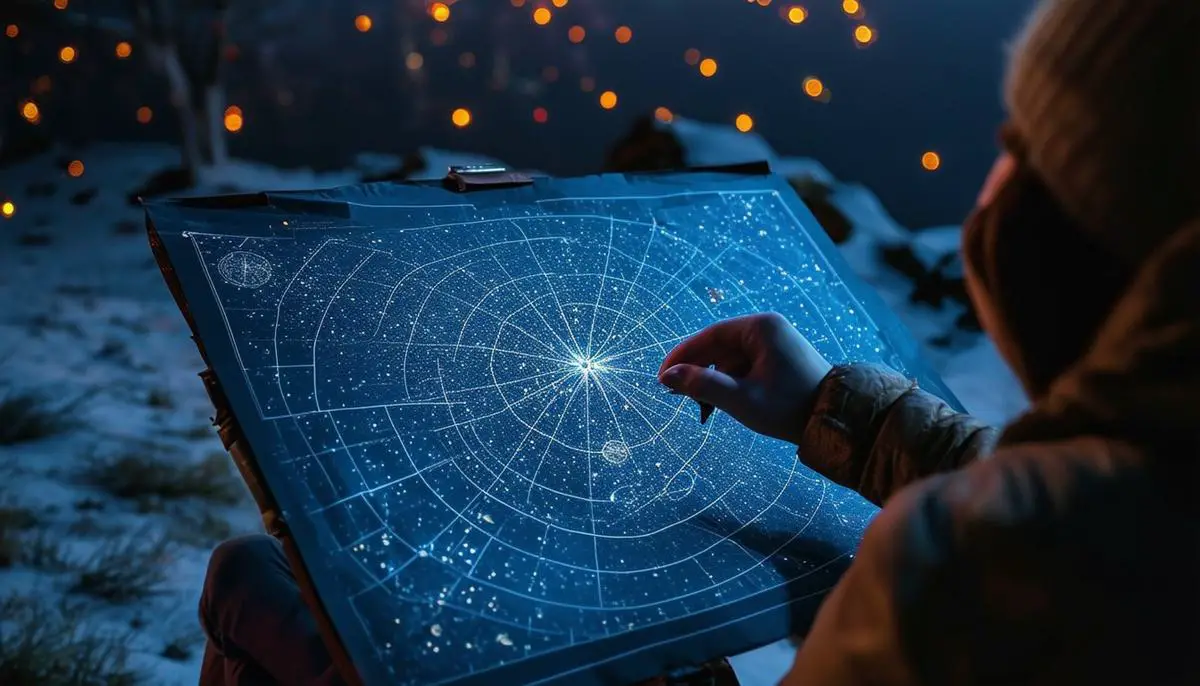 A person using a star chart to navigate and identify objects in the night sky.