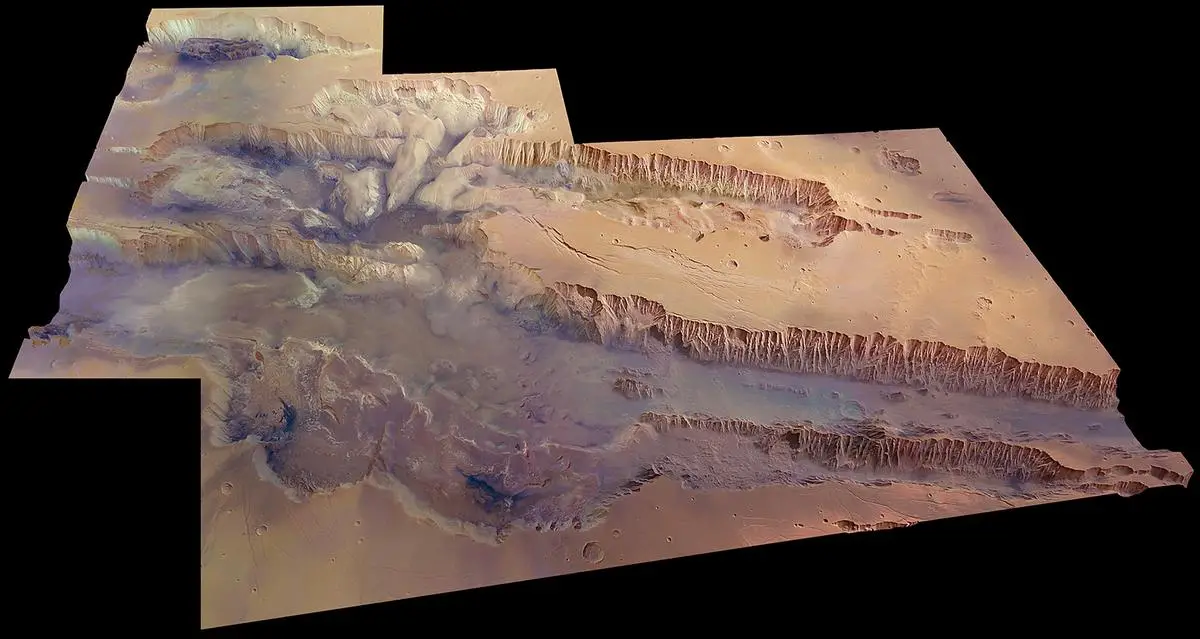 The vast Valles Marineris canyon system on Mars, showing its immense scale and complex geological features