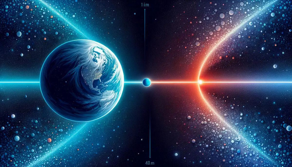 A to-scale representation of the vast distance between Earth and Proxima Centauri, with Earth as a tiny blue dot on one side and a distant star on the other