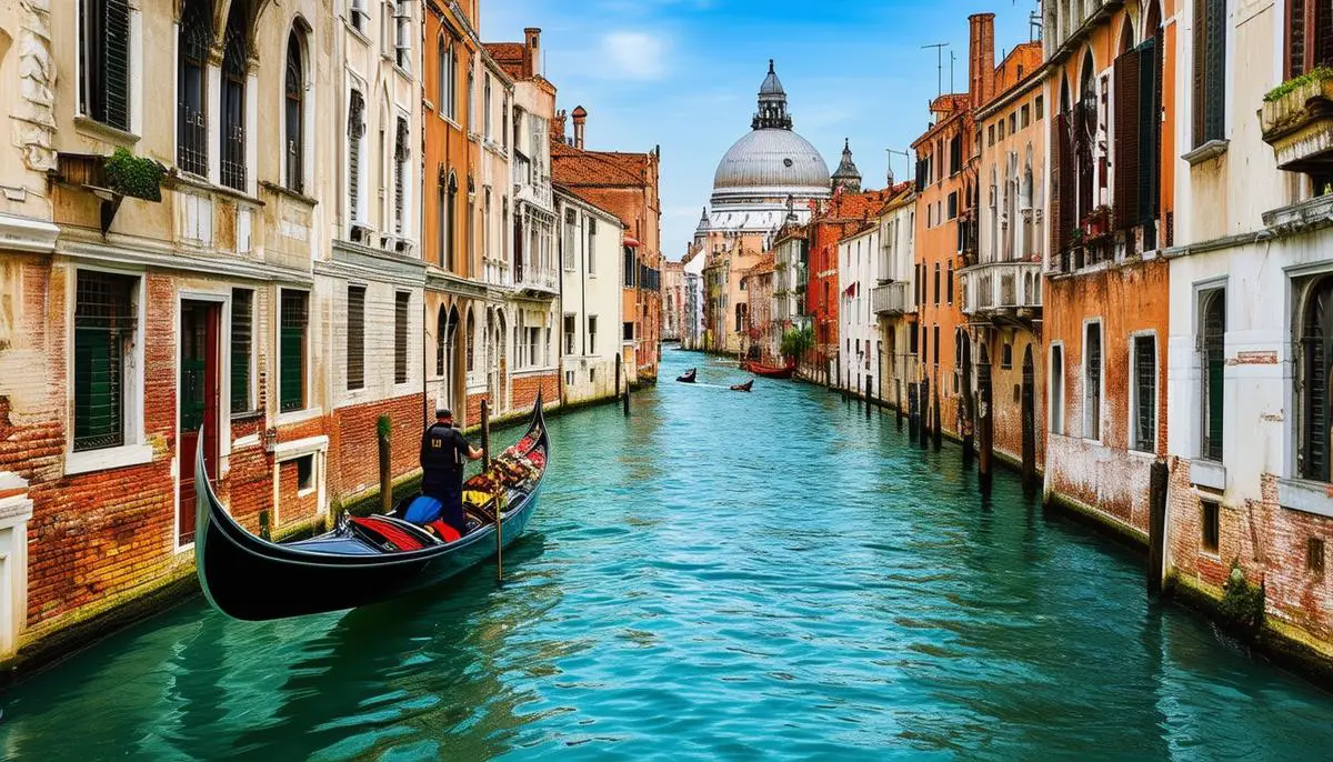 The charming canals and narrow alleyways of Venice, Italy, with a gondola gliding through the serene waters and picturesque buildings lining the banks.