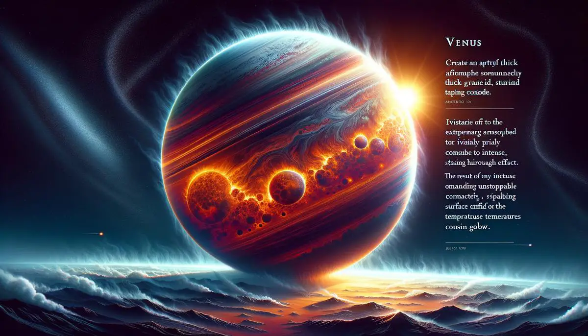 An illustration of Venus's thick, CO2-rich atmosphere trapping heat in a runaway greenhouse effect