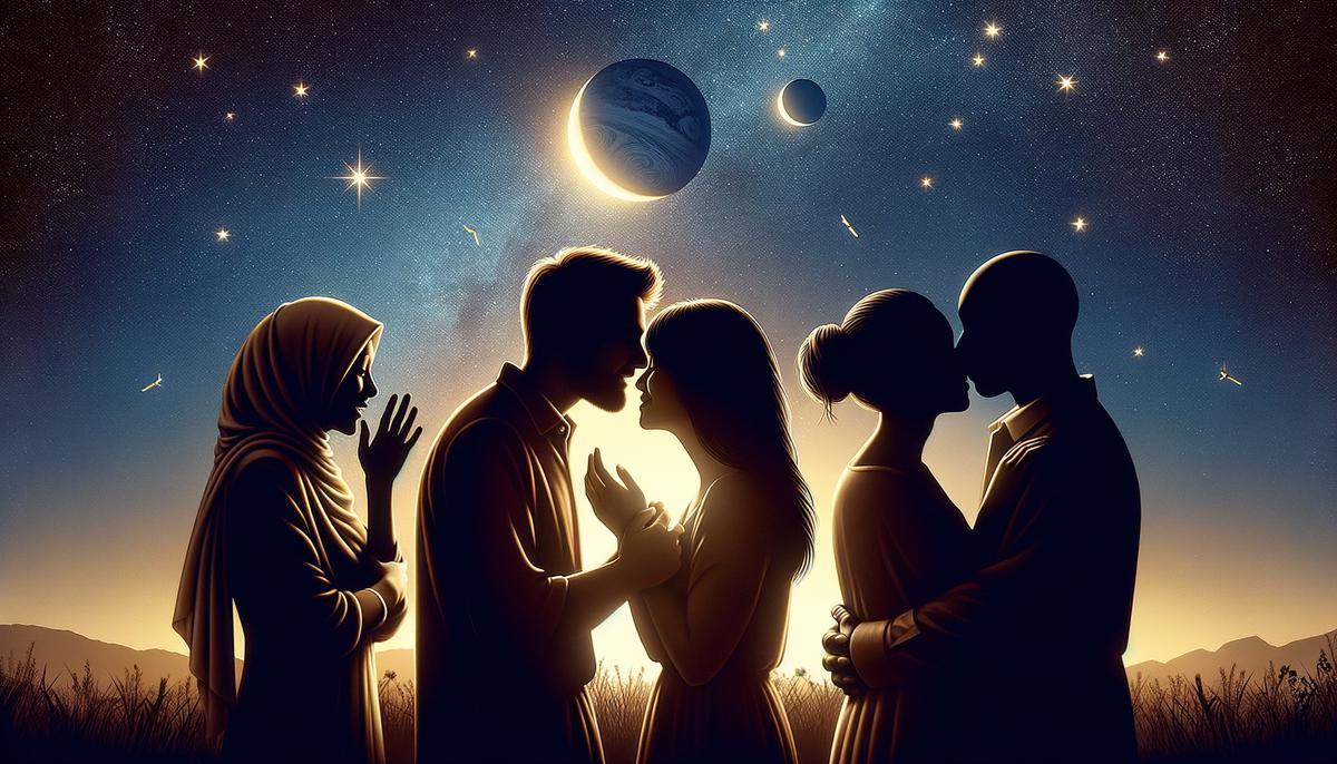 Silhouettes of diverse couples with the planet Venus shining above them