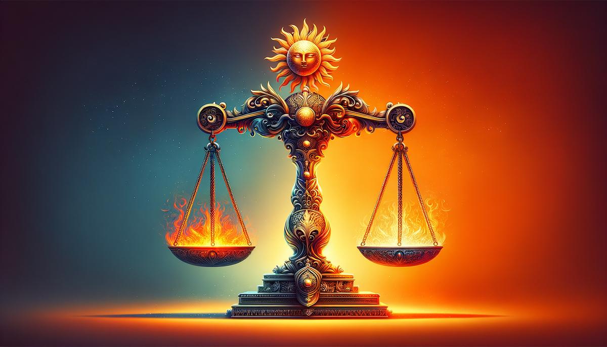 A balanced scale with a golden sun representing Venus in Leo on one side and a set of red scales representing Mars in Libra on the other