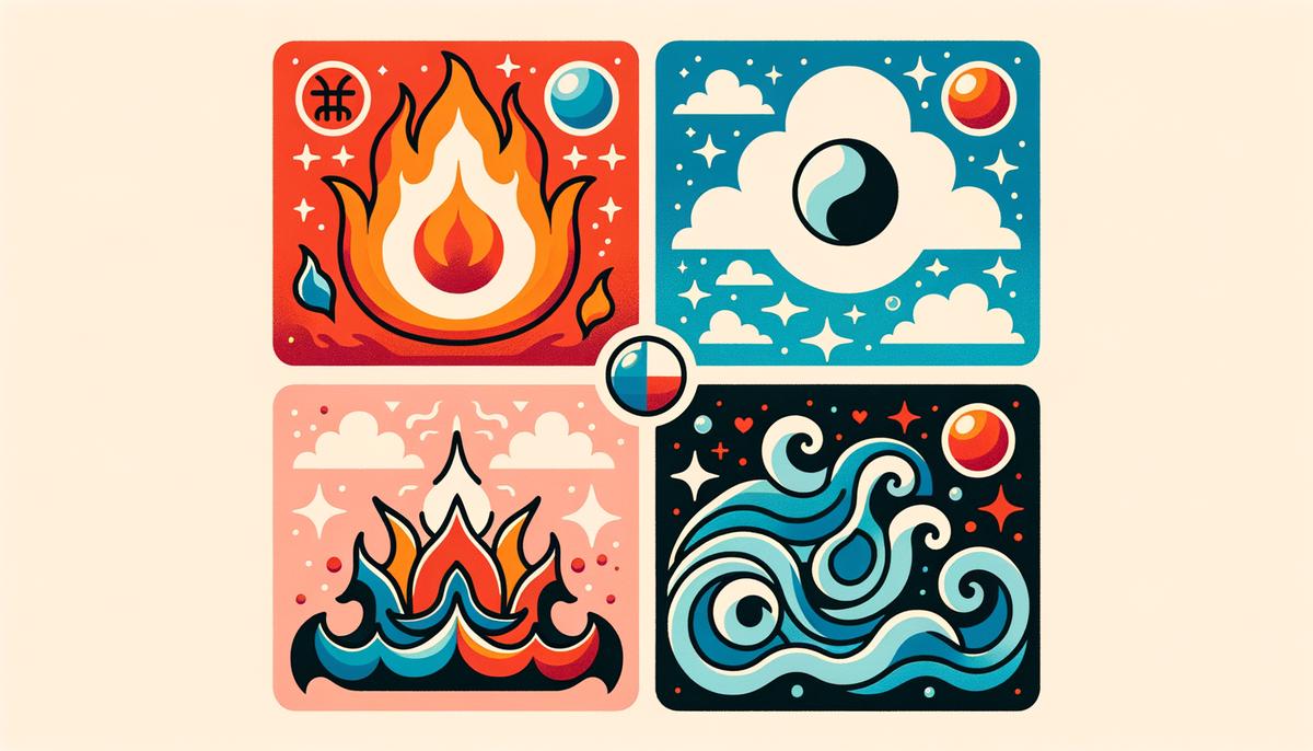 Artistic representation of Venus and Mars symbols in different elemental backgrounds