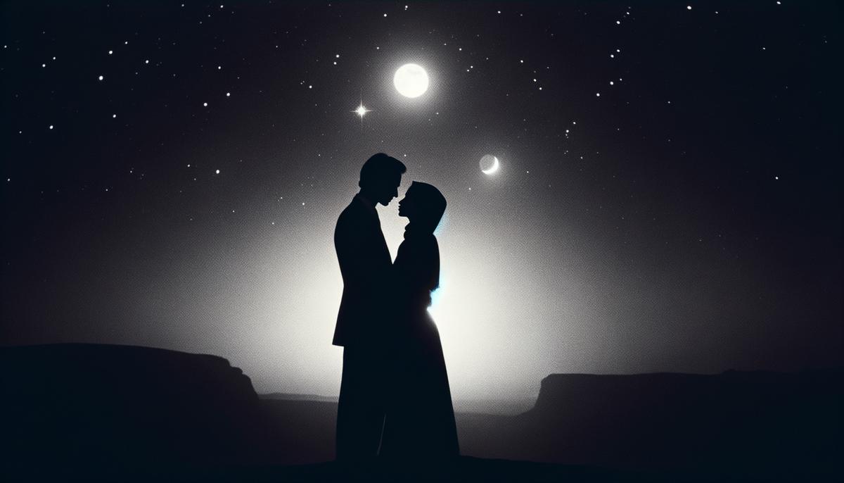 A romantic couple silhouetted against a night sky with Venus and the Moon prominent