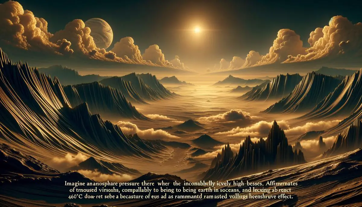 An illustration of the immense atmospheric pressure and scorching temperatures on Venus's surface