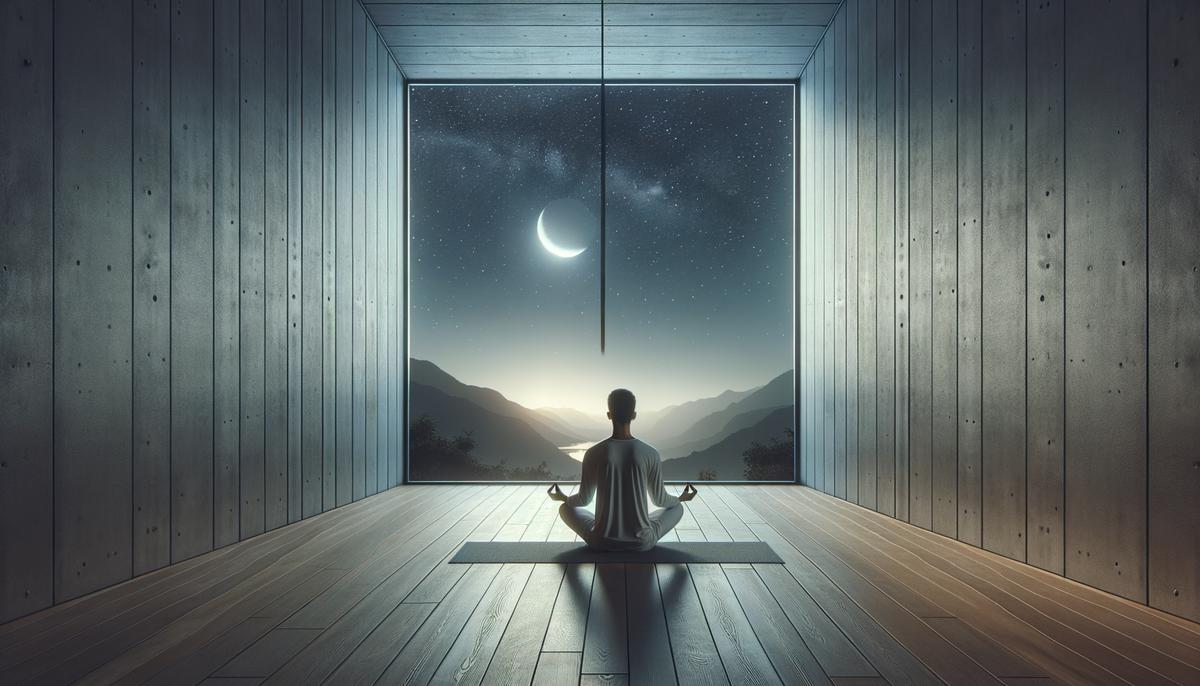 A person meditating in a organized, clean space with a window showing the night sky