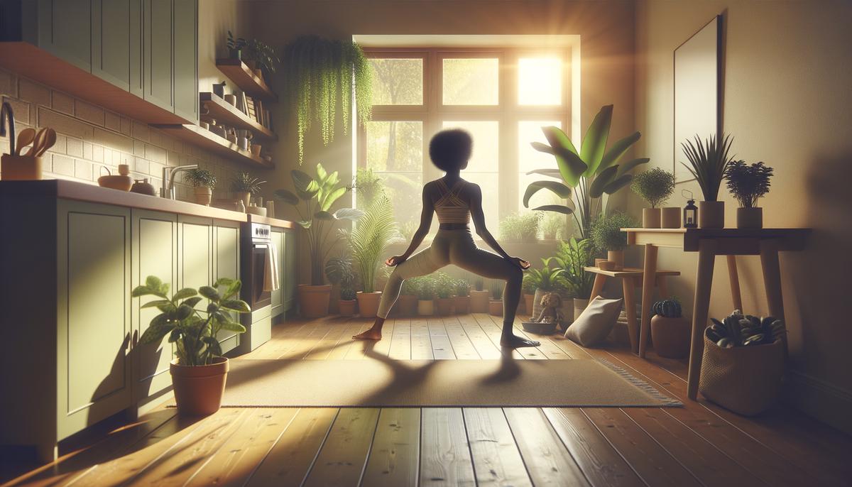 A person engaged in a morning yoga routine in a clean, organized space