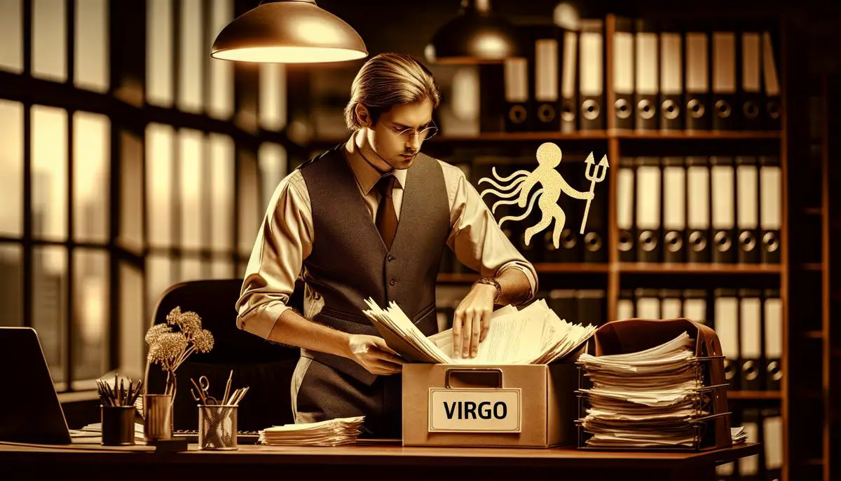 A Virgo organizing a workplace and helping others, showcasing their practicality, diligence, and helpful nature