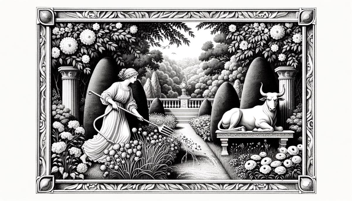 A meticulously organized garden with a Virgo figure tending plants and a Taurus figure relaxing on a luxurious bench