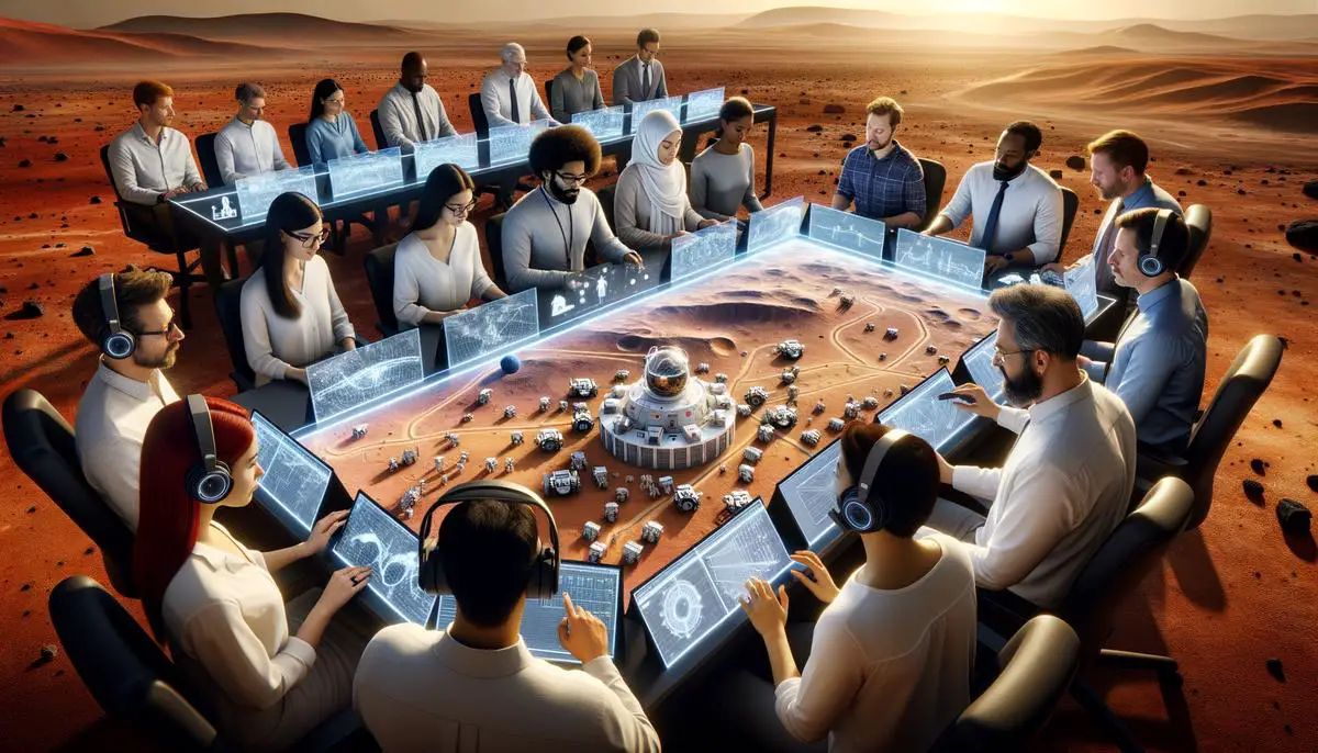 Scientists and engineers collaborating in a shared virtual space to plan a mission to Mars