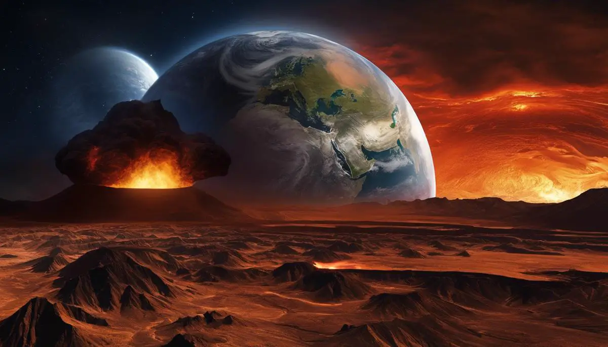 A comparison image showing the surface of Venus and Earth with volcanoes and geological activity.