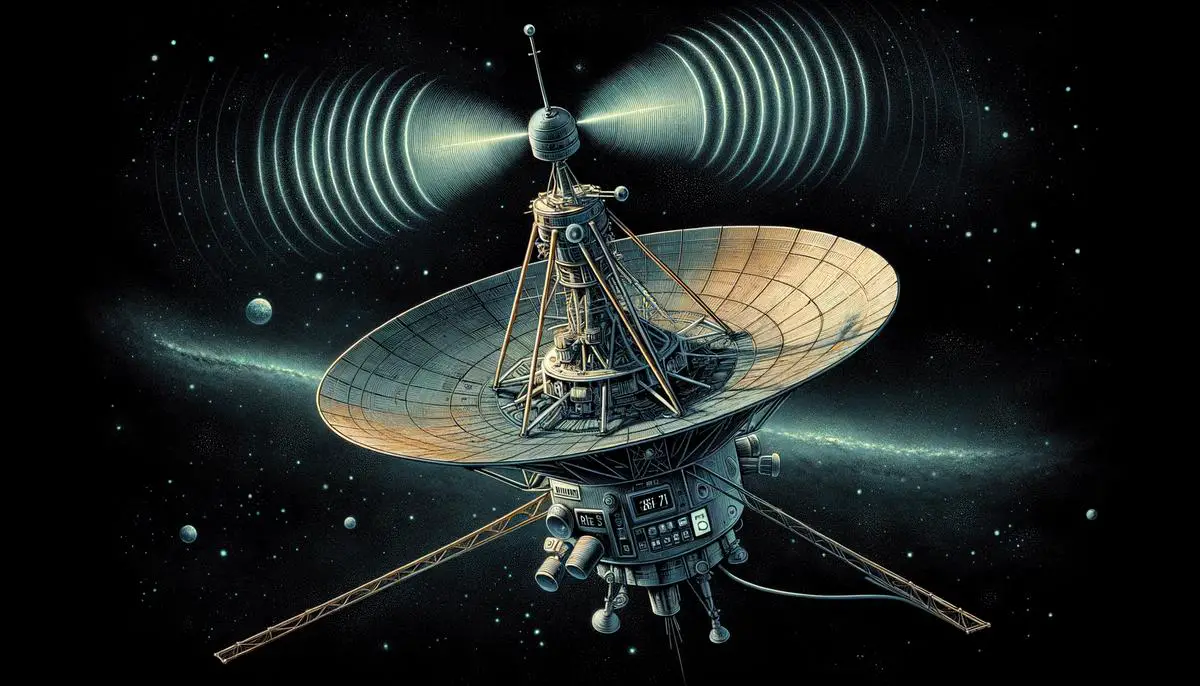 Illustration of Voyager 1 spacecraft with its antenna pointed away from Earth, symbolizing the communication blackout