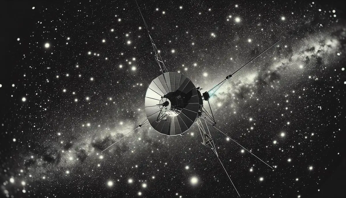 Voyager 1 spacecraft floating in the vastness of interstellar space, surrounded by distant stars