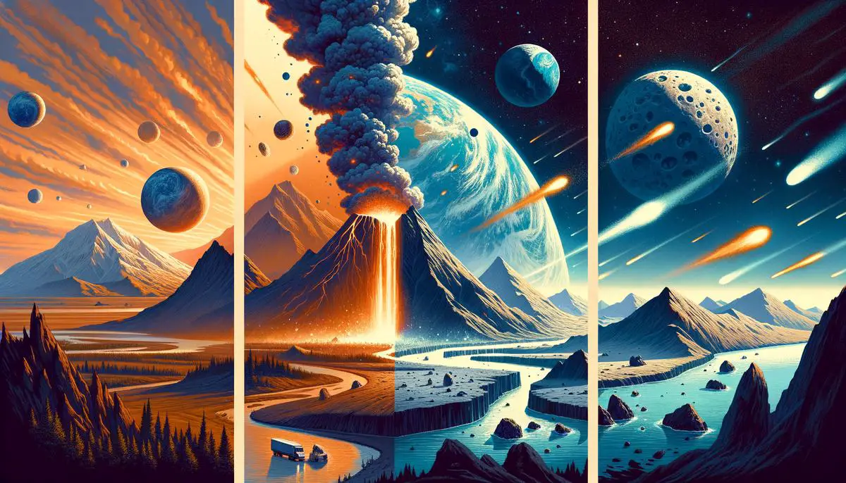 Illustration showing three theories of water origin on Earth: volcanic outgassing, accretion, and comet impacts