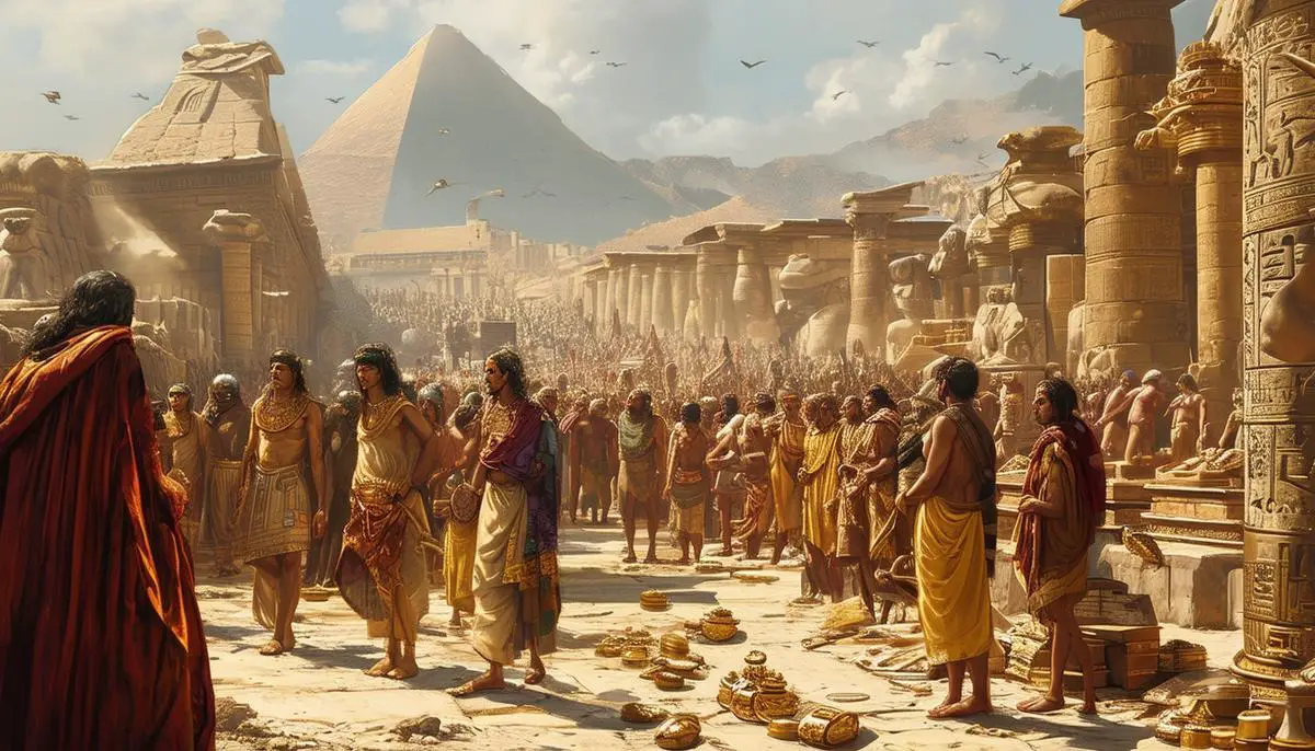 A scene contrasting extreme wealth and poverty in ancient civilizations