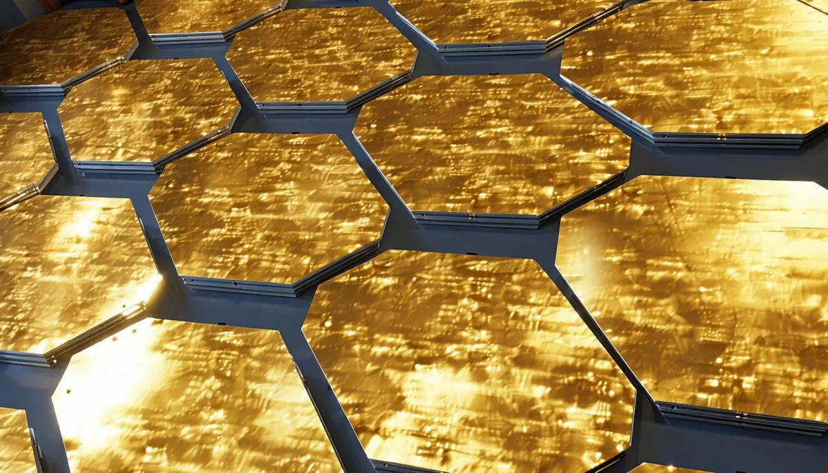 Close-up of the James Webb Space Telescope's beryllium-coated mirror segments, showing their hexagonal shape and gold coating