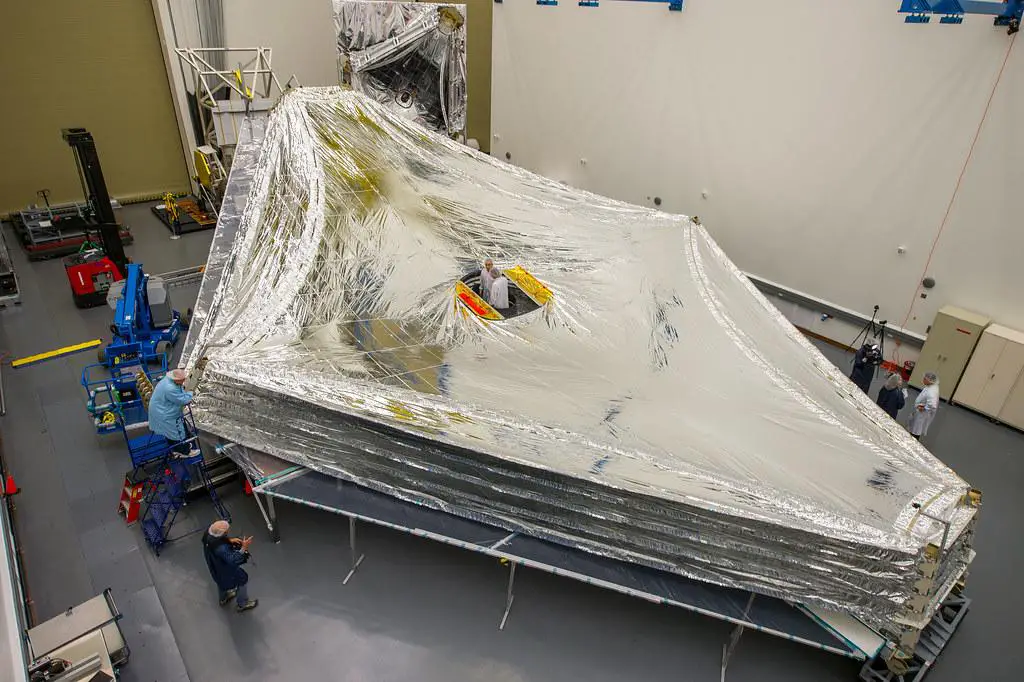 Close-up view of the James Webb Space Telescope's five-layer sunshield, showing its thin Kapton layers with aluminum coating