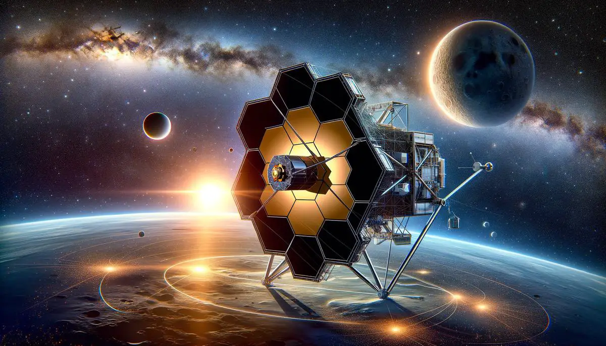 Diagram showing the James Webb Space Telescope's position at Lagrange Point 2, with Earth, the Moon, and the Sun in the background