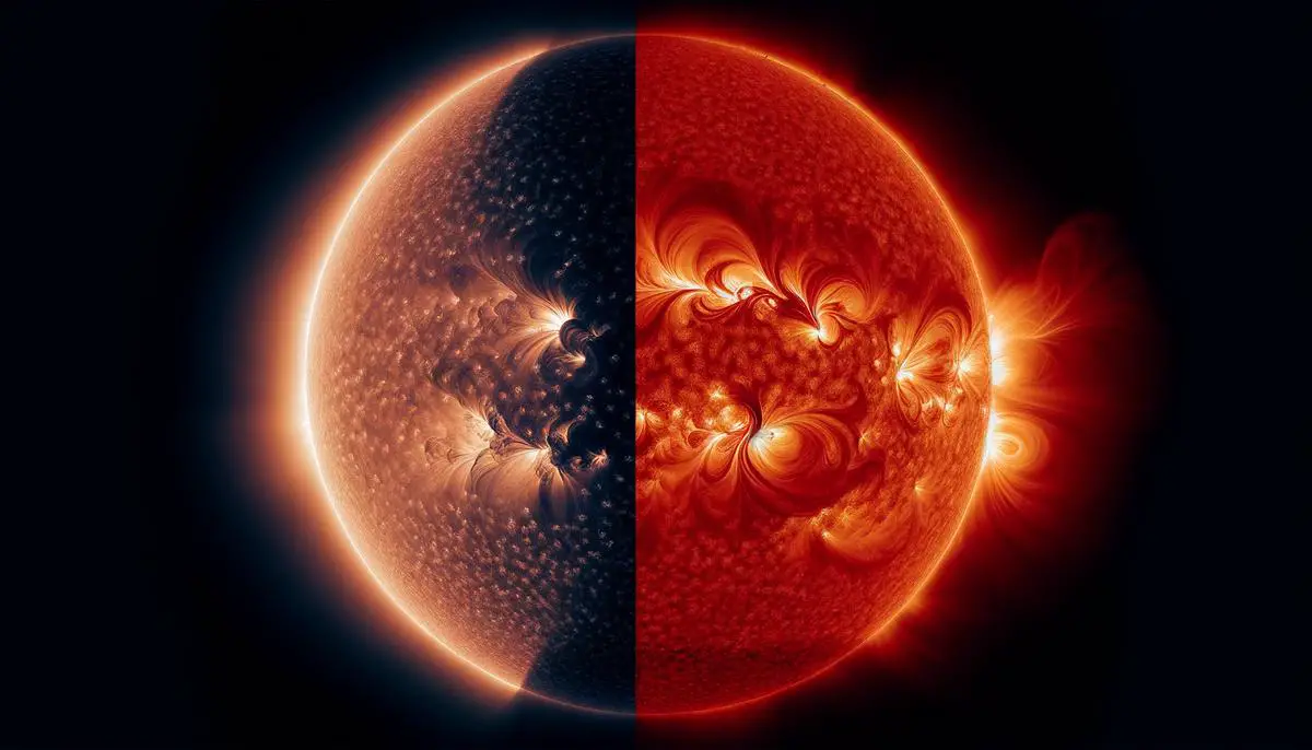 Two images of the sun side by side, one from a white light telescope and one from a hydrogen-alpha telescope