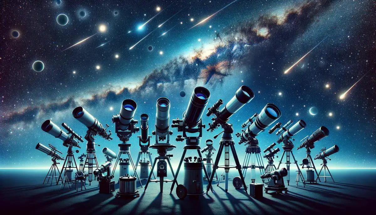 Different models of wide-field telescopes showing the vastness of the night sky