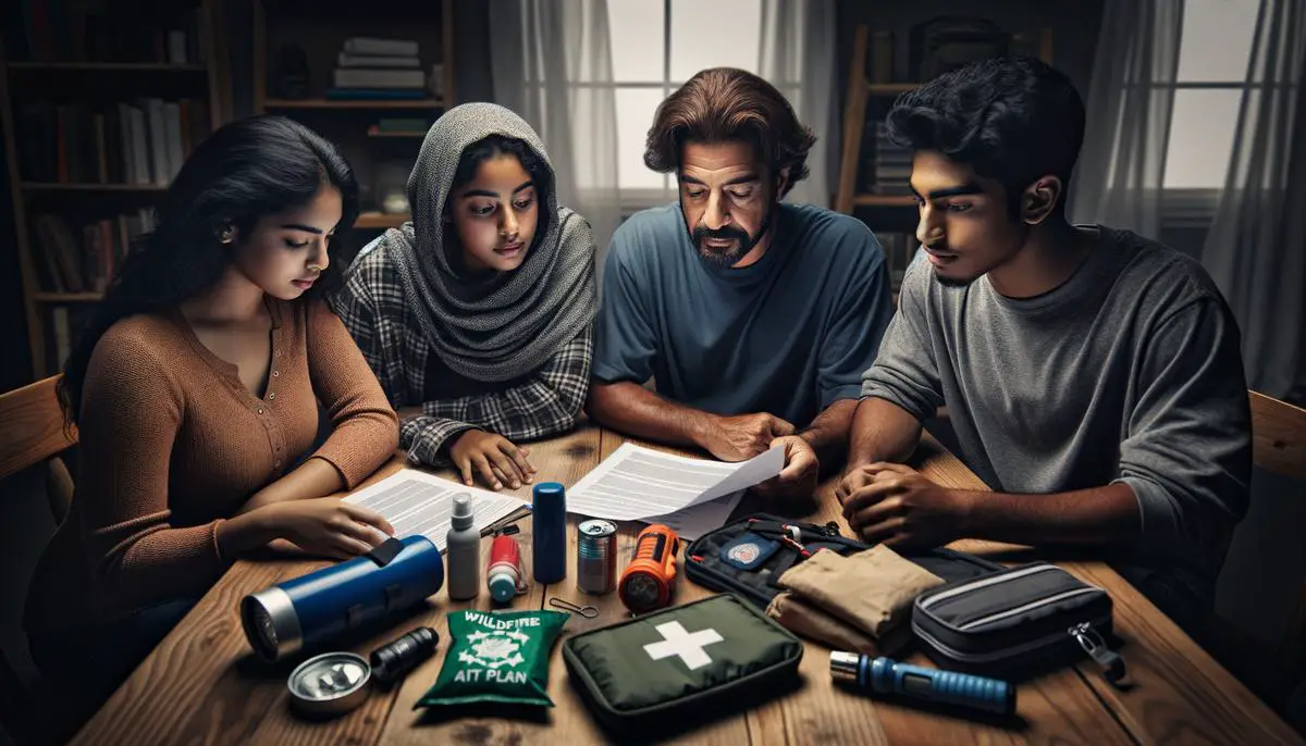 A family reviewing their wildfire action plan and emergency supply kit