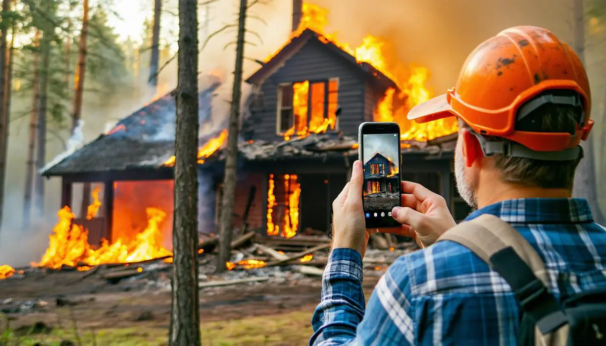 A homeowner using a smartphone to photograph wildfire damage to their property