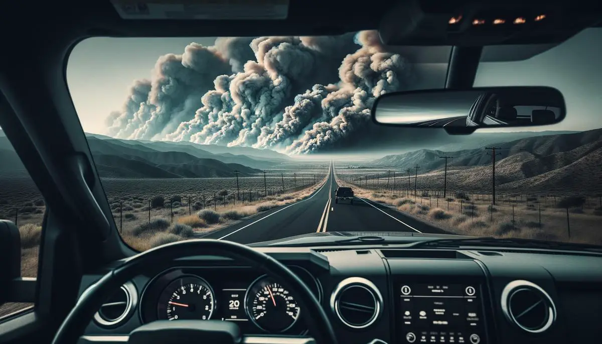 A car driving on an evacuation route with smoke visible in the rearview mirror