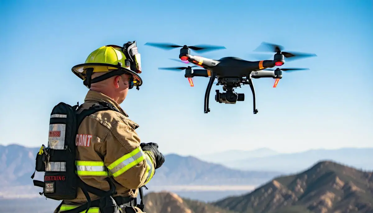 Firefighter operating a drone with thermal imaging capabilities over a Los Angeles mountain range