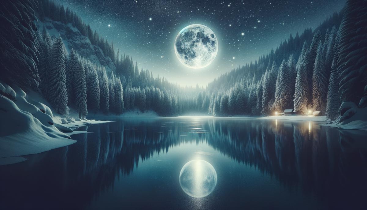 A serene winter landscape with a full moon reflecting on a calm lake, symbolizing the Wolf Moon in Cancer