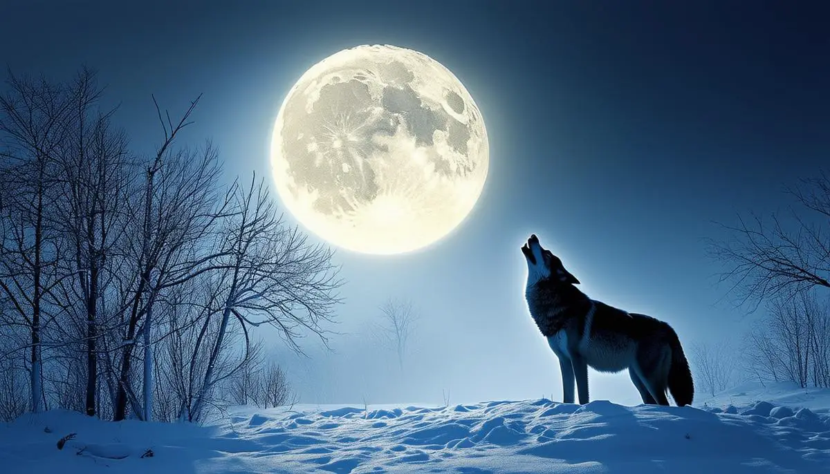 A large, bright full moon known as the Wolf Moon illuminating a snowy winter landscape with bare trees and a howling wolf silhouette in the foreground.