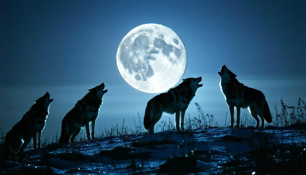 A bright full moon, known as the Wolf Moon, illuminating a snowy winter landscape with silhouettes of howling wolves