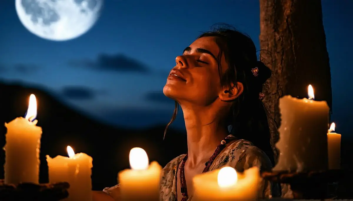 A woman with closed eyes, speaking her intentions aloud in a moonlit ritual space