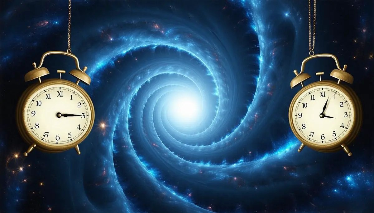 Artistic representation of a wormhole connecting two regions of space, with clocks showing different times to represent time dilation