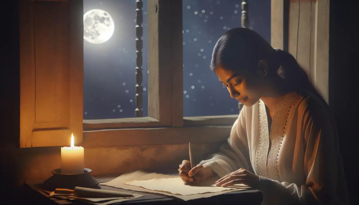 A person writing intentions on paper by candlelight with the full moon visible through a window