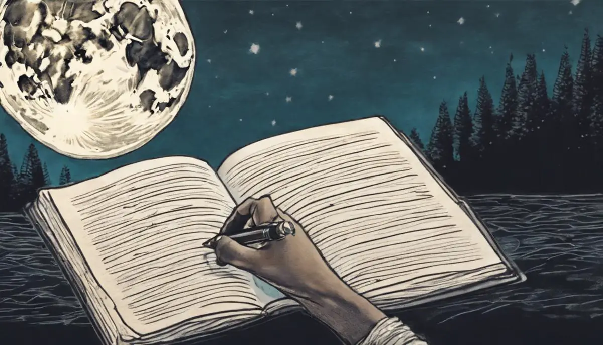 A hand writing a manifestation list in a journal under the light of a full moon