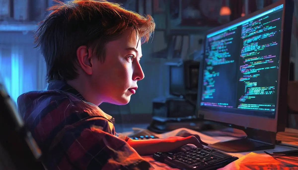 A photograph of a young Elon Musk, around 10-12 years old, focusing intently on a computer screen as he teaches himself programming.
