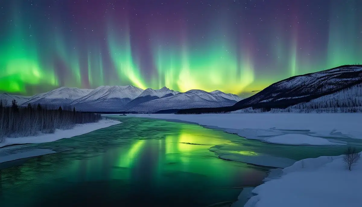 Northern lights reflecting in the Yukon River with snow-covered mountains in the background