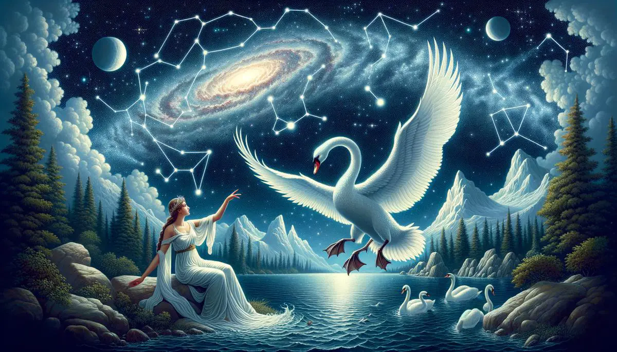 Artistic representation of the Greek myth of Zeus as a swan with Leda