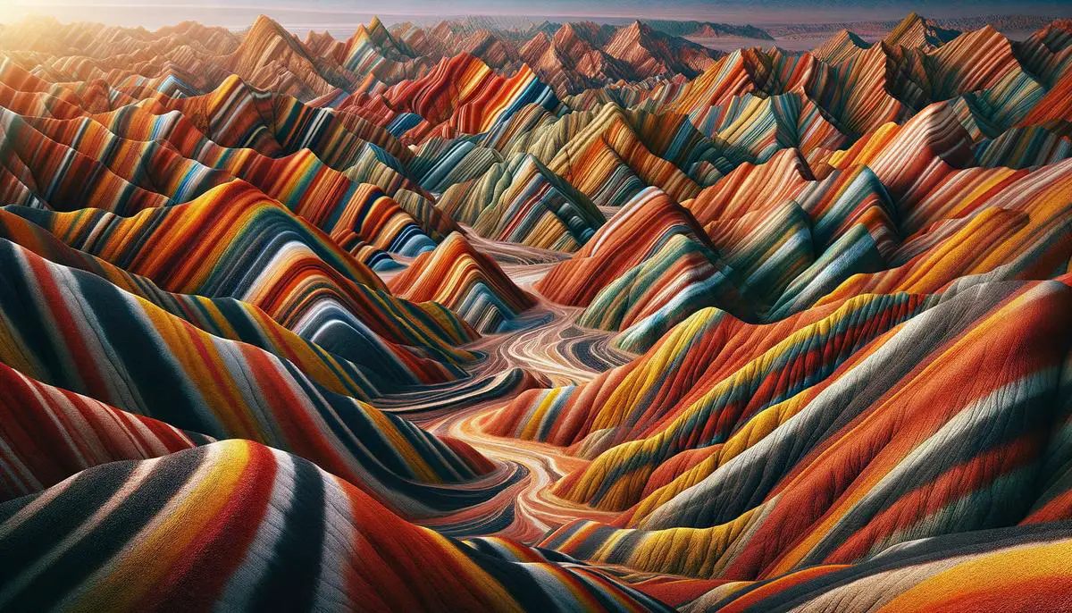 The vibrant and surreal colorful rock formations of Zhangye Danxia Geopark in China's Gansu Province, resembling a rainbow painted across the landscape.