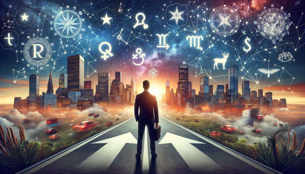 A person contemplating career options with zodiac symbols floating around