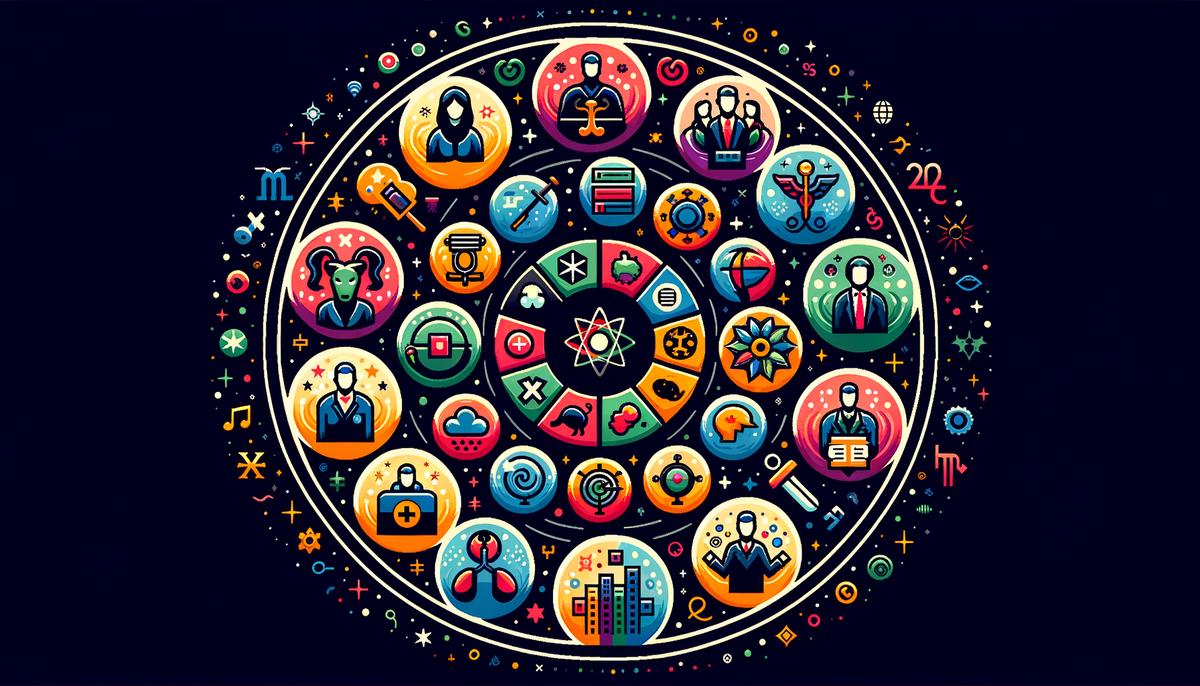 A circular arrangement of zodiac symbols with corresponding career attributes