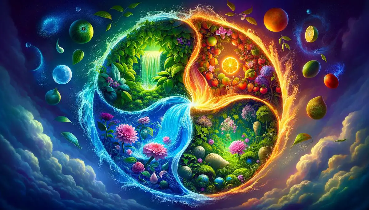 Garden layout divided into four sections representing water, fire, earth, and air zodiac signs with corresponding plants